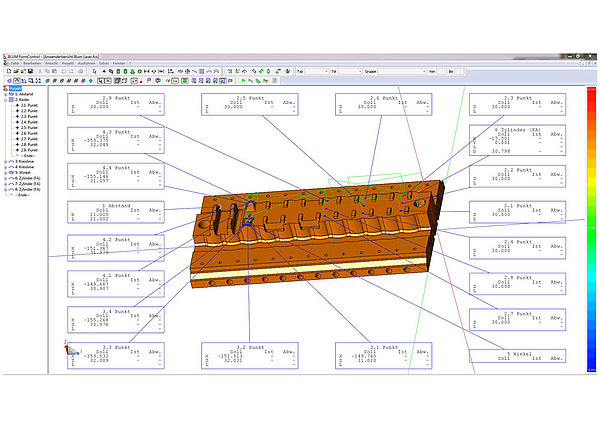 The graphic display of required and actual values on the CAD model of a workpiece enables swift appraisal of component quality.